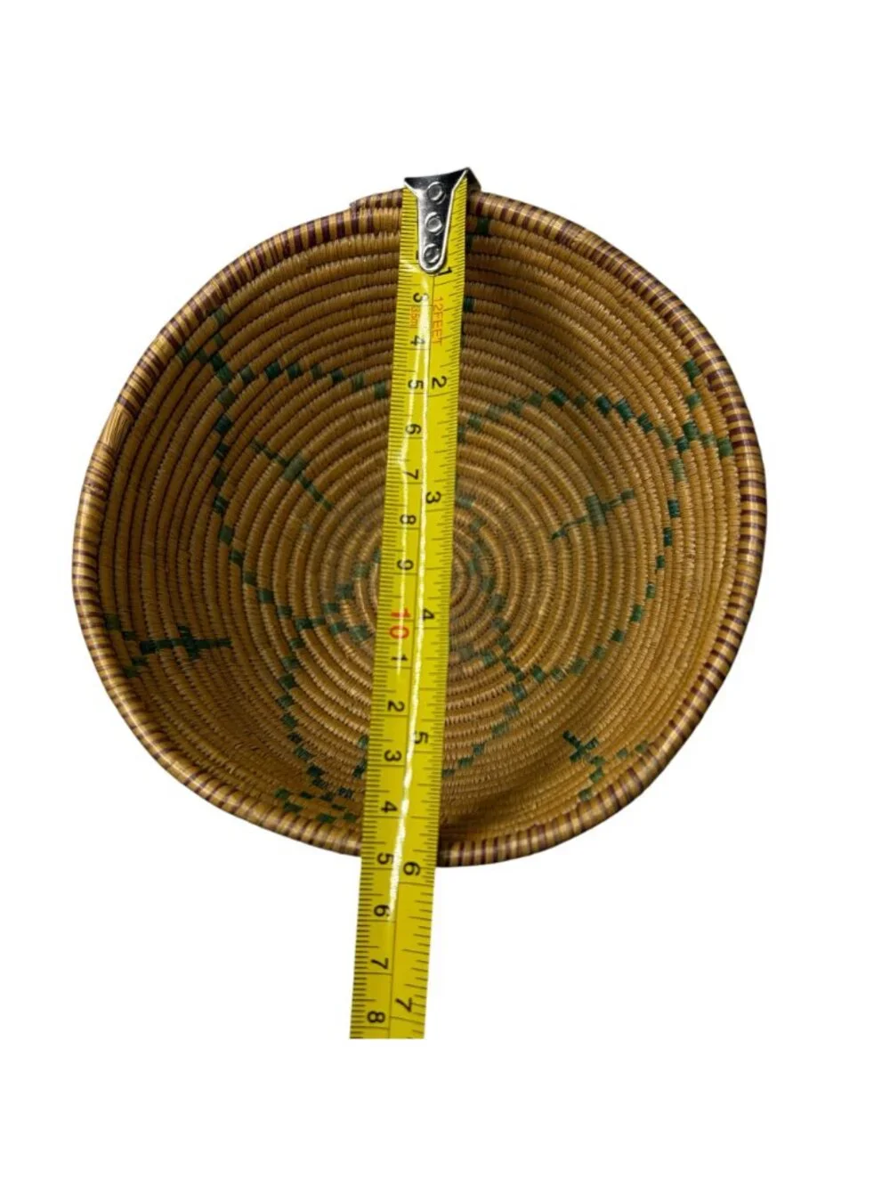 Vintage Handwoven Coiled Basket Bowl Geometric Green Accent Southwestern Boho 7.